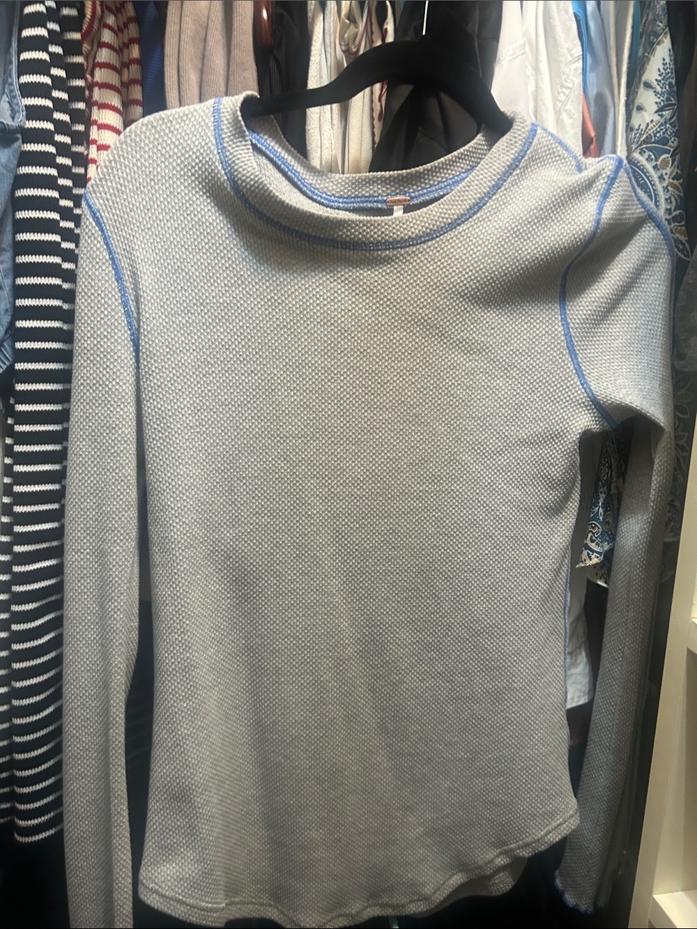 Free People Light Gray Long Sleeve Top with Blue Stitching